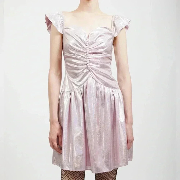 Batsheva Wendy Pink holographic effect Metallic Ruched Mini Dress - Picture 1 of 12